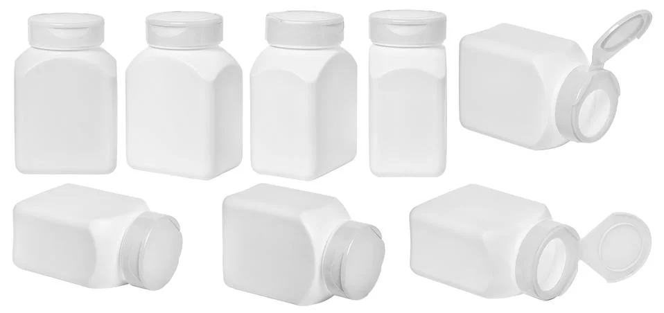Different angles set of Pill jar mockup isolated. Supplement bottle. Pharmacy Stock Photos