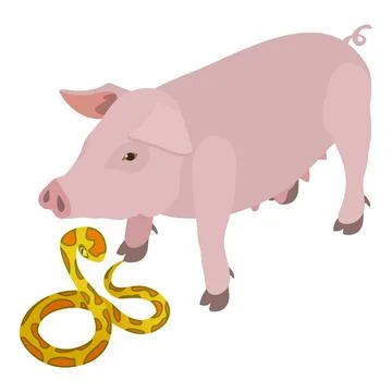 Different animal icon isometric vector. Pink pig animal near tiger python icon Stock Illustration