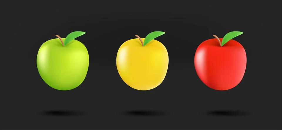 Different apple icons collection. 3d vector isolated on black background Illustrazione stock