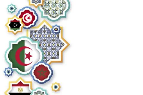 Different Arab countries' flags in the middle of different mosaic shapes Stock Illustration