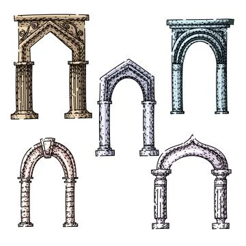 Different architectural arches representing ancient classical styles Stock Illustration