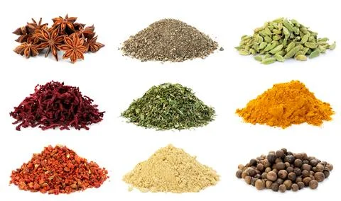 Different aromatic spices on white background, collage Stock Photos