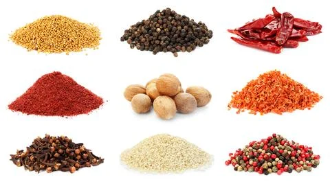 Different aromatic spices on white background, collage Stock Photos