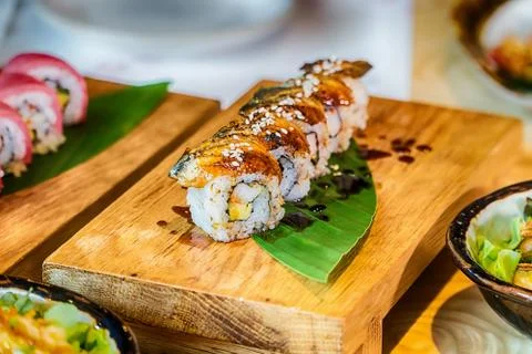 Different array of fresh sushi Stock Photos