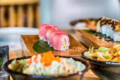 Different array of fresh sushi Stock Photos