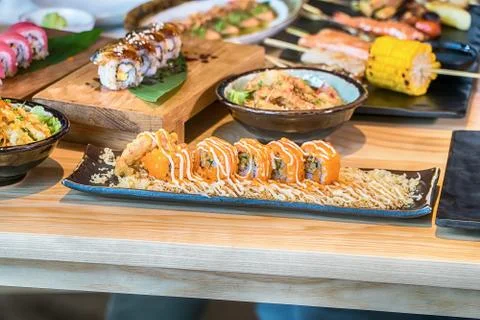 Different array of fresh sushi Stock Photos