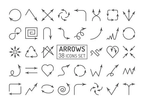 Different arrows and pointers vector linear icons set Stock Illustration
