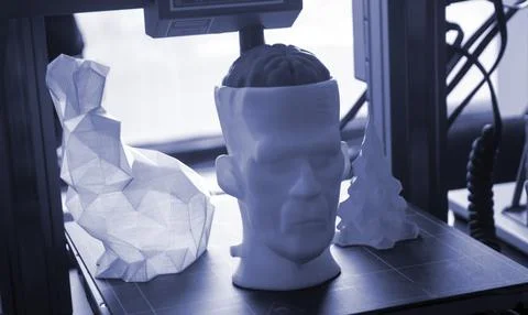 Different art models printed on a 3D printer. Models of a prototype human head Stock Photos