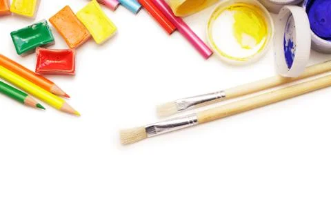Different artist's instruments over white background Stock Photos