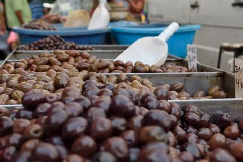 Different assortment of olives in stainless containers Stock Photos
