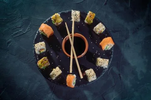 A different assortment of sushi rolls Stock Photos