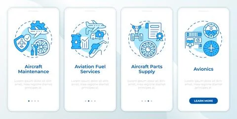 Different aviation services blue onboarding mobile app screen Stock Illustration