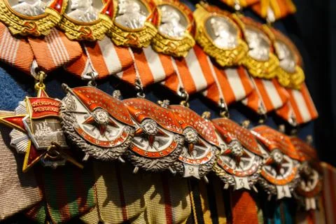 Different awards, orders and medals on the russian army uniform. Memory of Stock Photos