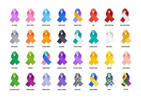 Different awareness ribbons realistic vector illustrations set Stock Illustration