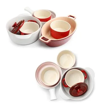 Different baking dishes on white background, collage Photos