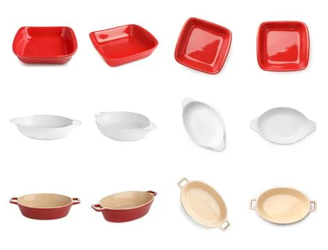 Different baking dishes on white background, collage. Views from different .. Photos