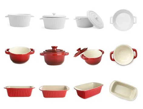 Different baking dishes on white background, collage. Views from different .. Photos