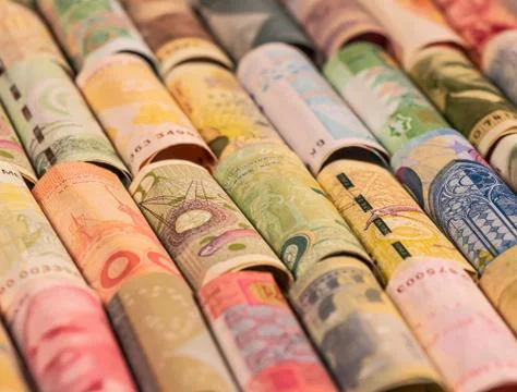 Different banknotes from various countries on rolls Foto stock