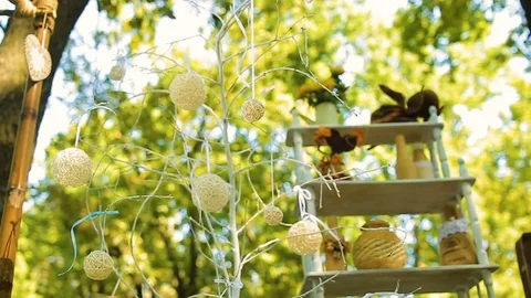 Different Beautiful decor for a party of yellow paper Chinese lanterns Stock Footage 82980446