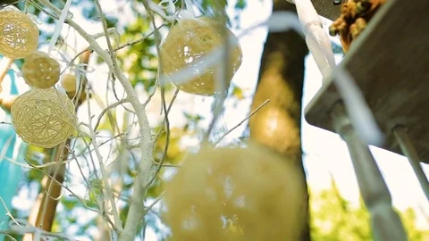 Different Beautiful decor for a party of yellow paper Chinese lanterns Stock Footage 82980672