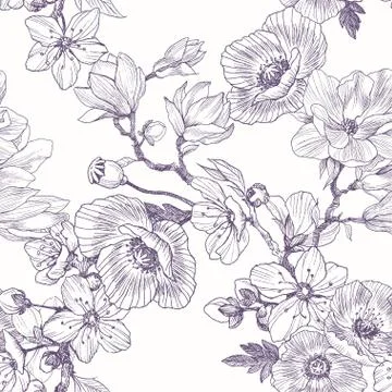 Different beautiful flowers seamless pattern. Vintage botanical hand drawn Stock Illustration
