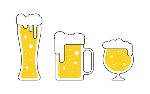 Different beer mugs, pints, tankards with foam in flat style isolated Stock Illustration
