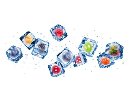 Different berries in ice cubes on white background Stock Photos