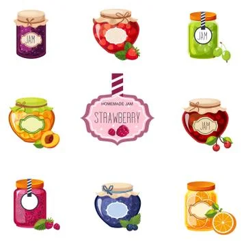 Different Berry And Fruit Jam Jars Set Of Illustrations Stock Illustration
