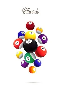 Different billiard balls falling on white background. Vector billiard Stock Illustration
