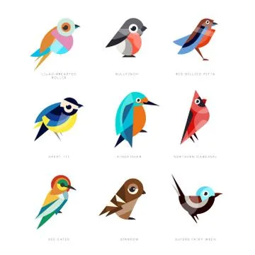 Different birds set, lilac breasted roller, bullfinch, red bellied pitta, great Stock Illustration