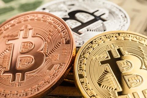 Different Bitcoins closeup Stock Photos
