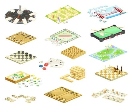 Different Board or Tabletop Games with Pieces and Playing Surface Big Vector Set Stock Illustration