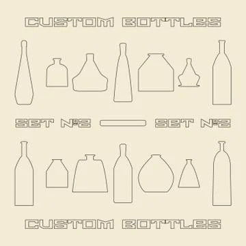 Different bottle types linear icon set. Stock Illustration