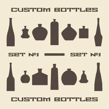 Different bottle types silhouette icon set. Stock Illustration