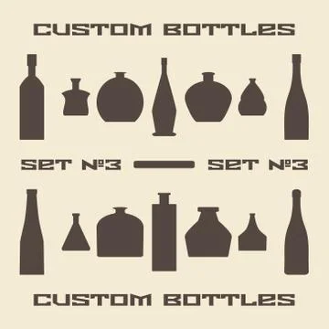 Different bottle types silhouette icon set. Stock Illustration