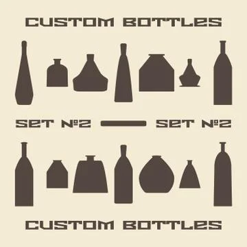 Different bottle types silhouette icon set. Stock Illustration