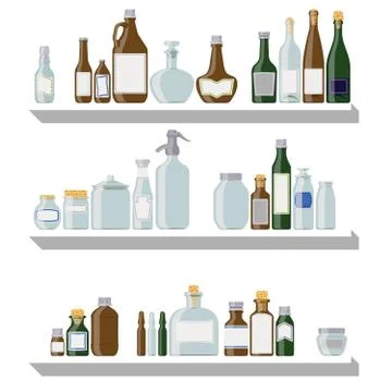 Different bottles and jars on shelves isolated on white Stock Illustration