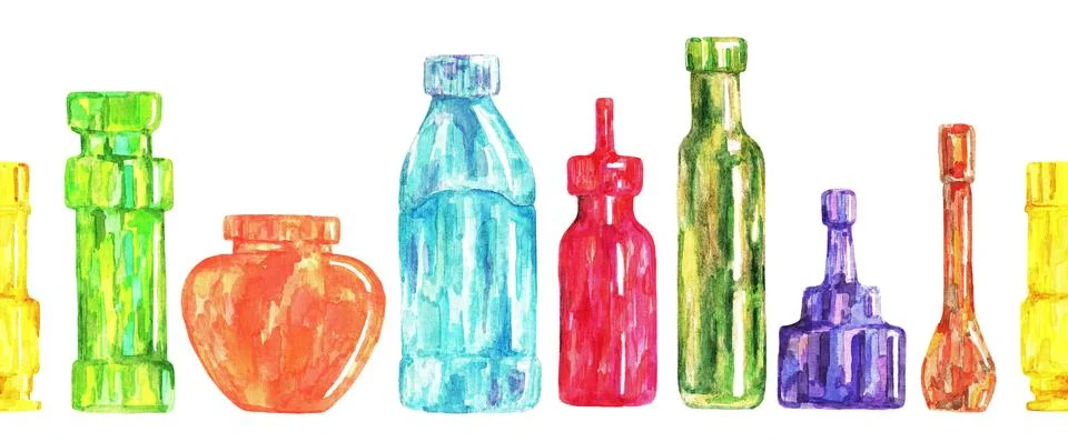 Different bottles. Seamless pattern. Watercolor Stock Illustration