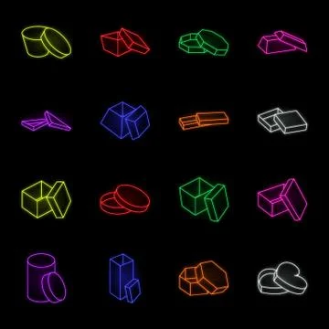 Different boxes neon icons in set collection for design.Packing box vector 스톡 일러스트
