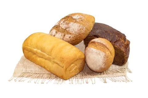 Different bread rye round baguette loaf isolated on white background Stock Photos
