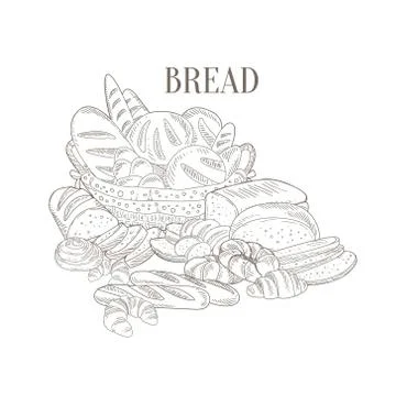 Different Bread Still Life Hand Drawn Realistic Sketch 스톡 일러스트