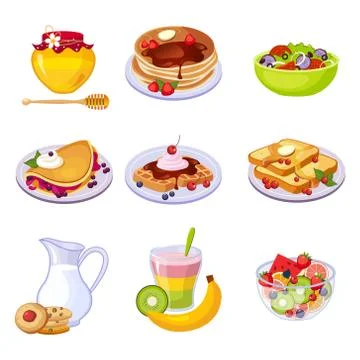 Different Breakfast Dishes Assortment Set Of Isolated Icons Illustrazione stock