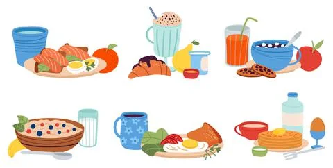 Different breakfast food. Serving meal, cooked healthy dish for dinner or lunch Stock Illustration