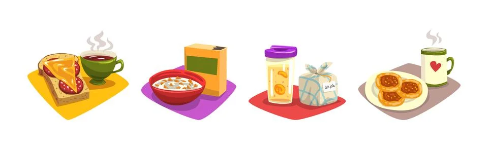 Different Breakfast Served Food and Meal Vector Set Stock Illustration