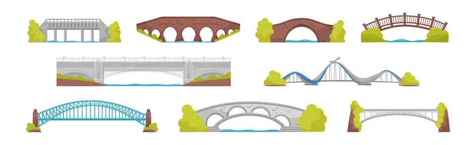Different Bridge as Structure for Spanning Physical Obstacle Vector Set Illustrazione stock