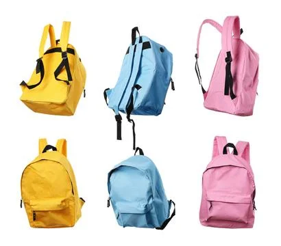 Different bright backpacks isolated on white, collage Photos
