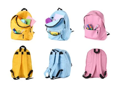 Different bright backpacks isolated on white, collage Photos