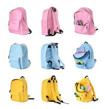 Different bright backpacks isolated on white, collage Photos