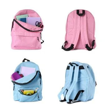 Different bright backpacks isolated on white, collage Photos