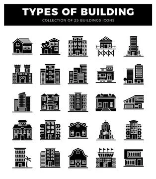 Different building icons in black and white on a white background. Ilustración de archivo